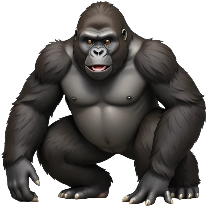 cinematic-gorilla-realistic-full-body-on-all-fours-emoji,-exuding-strength,-thick-dark-fur-in-the-light,-head-tilted-dramatically,-deep-friendly-eyes-filled-with-intense-intelligence,-simplified-yet-realistic-focused-features,-highly-detailed, zoomed out friendly  emoji