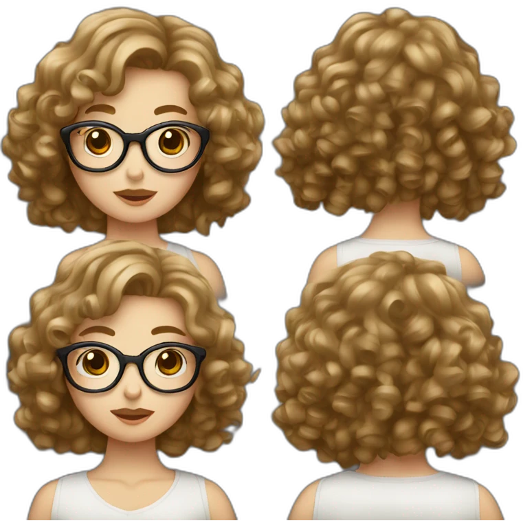 White girl with curtain fringe, curly and brown hair and glasses emoji