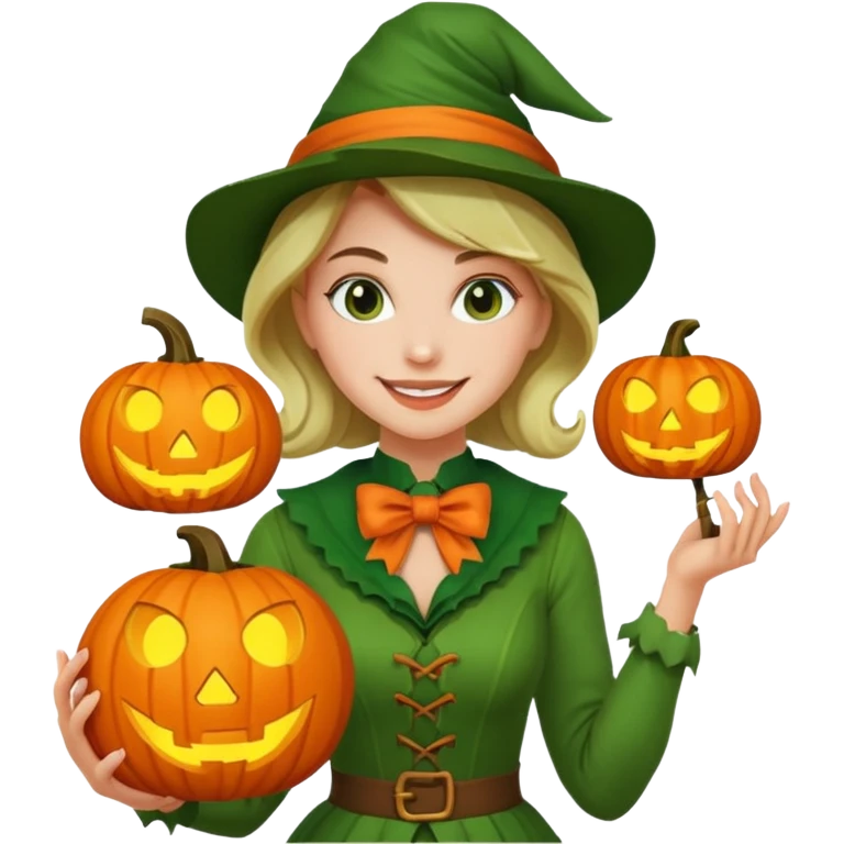 Woman Hunter With Jack o Lantern, wearing green costume, with bow emoji