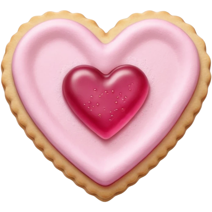 Realistic shortbread cookie in the shape of a heart with pink jelly middle filling and sprinkled powder sugar on top. emoji