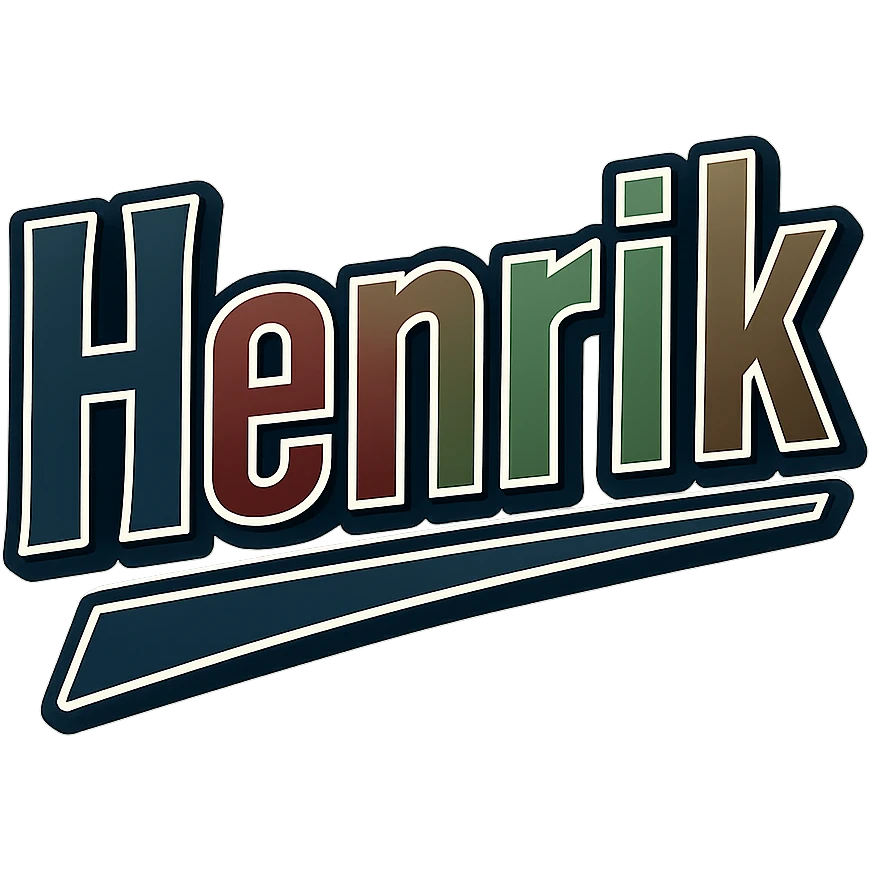 Henrik name in masculine, modern, gradient font with precise Hungarian characters, dark contour, prominent visible white border, dynamic slanted underline, masculine color shades including blue, gray, burgundy, green, brown, 1000x1000 px, PNG, transparent background emoji