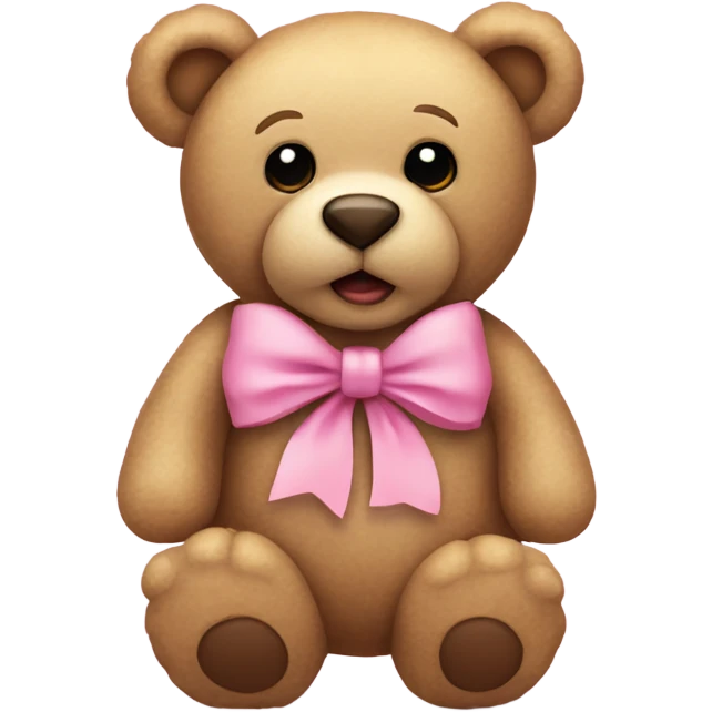 Beige teddy bear with innocent eyes wearing a pink bow on its right ear emoji