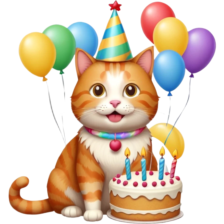 Ginger cat celebrates birthday, birthday hat, birthday cake, balloons, happy emoji