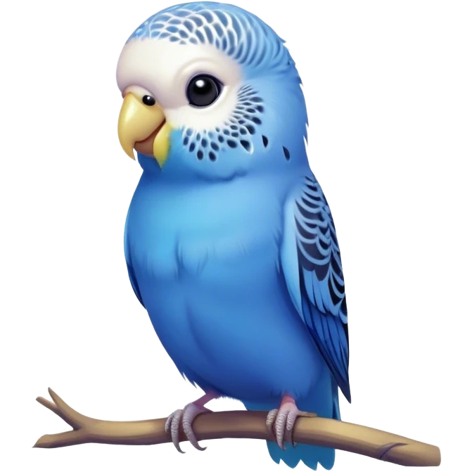 Cinematic Cute Blue Budgie Portrait Emoji, Head tilted playfully and inquisitively, featuring a brilliant blue feathered fur with a natural sheen, round, sparkling dark eyes filled with curiosity, Simplified yet irresistibly adorable features, highly detailed, glowing with a warm, friendly glow, high shine, affectionate and lively, stylized with a touch of whimsy, bright and endearing, soft glowing outline, capturing the essence of a mischievous yet loving budgie, so playful it feels like it could chirp out of the screen and into your arms! emoji