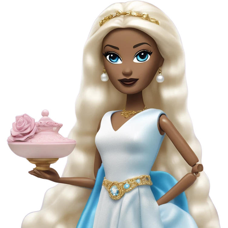 Malibu teen blond Morticia Addams’s in as Princess Leia Barbie in ruffled pearl-white and blue informal ball gown with gold accents and accessories  emoji