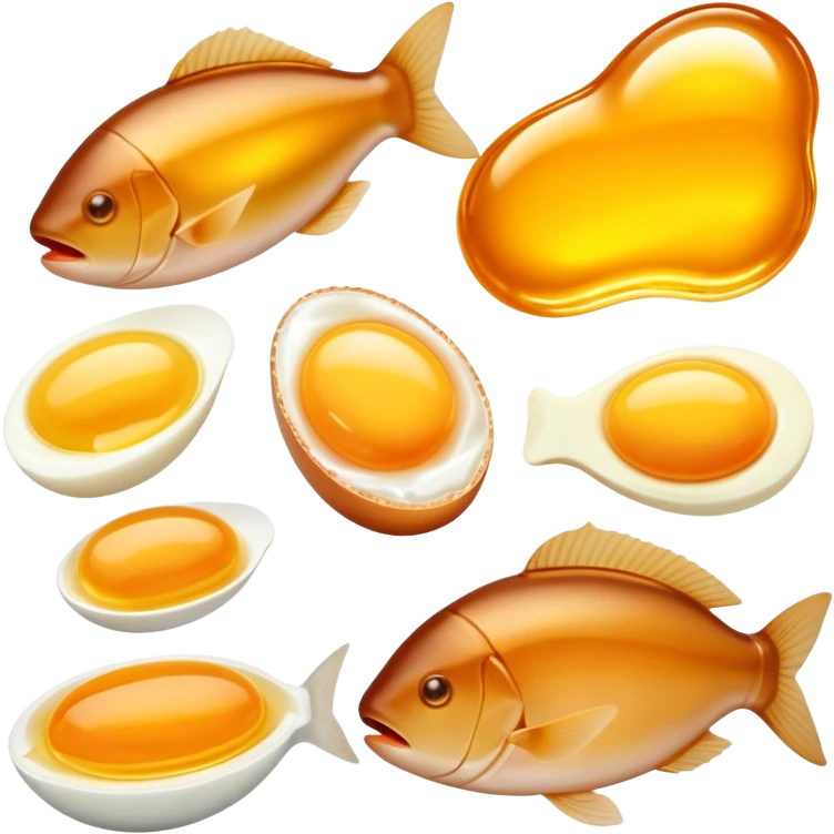 Animal sources of vitamin A: liver, egg yolks, cod liver oil, butter, and fatty fish glowing with a gentle golden aura. These foods emit a soft warm light representing their high content of preformed vitamin A (retinol). emoji
