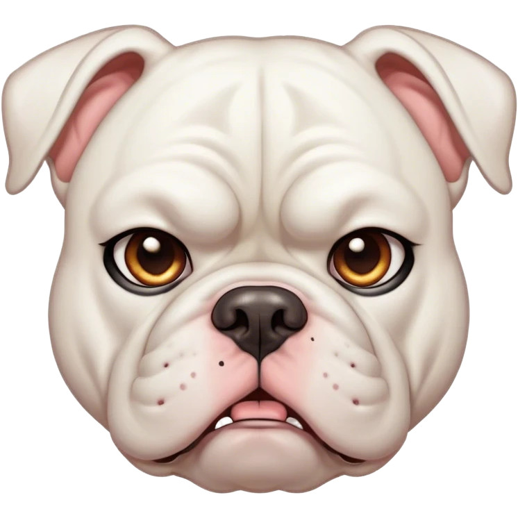 Cinematic Meme-Worthy Grumpy White American Bulldog Portrait Emoji, Head held high but eyes filled with dramatic disappointment, smooth white fur with a furrowed brow forming an unmistakable scowl, floppy ears slightly angled back in disapproval, piercing brown eyes glaring with pure exasperation, Simplified yet hilariously over-exaggerated features, highly detailed, glowing with an aura of supreme annoyance, high shine, exhausted yet judgmental, stylized with an almost regal pettiness, bright but brooding, soft glowing outline, capturing the essence of a pup that has seen it all and is thoroughly unimpressed, so meme-worthy it feels like it could instantly become the next viral sensation of grumpiness! emoji