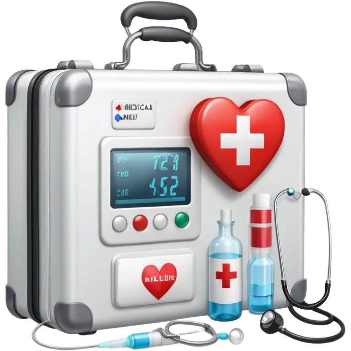 An icon featuring a medical suitcase with a red cross, a bottle of pills, a stethoscope, and a syringe, symbolizing medicine. The design includes a thermometer, bandages, and a heart monitor, representing healthcare and medical treatment. Transparent background highlights the science of healing. emoji