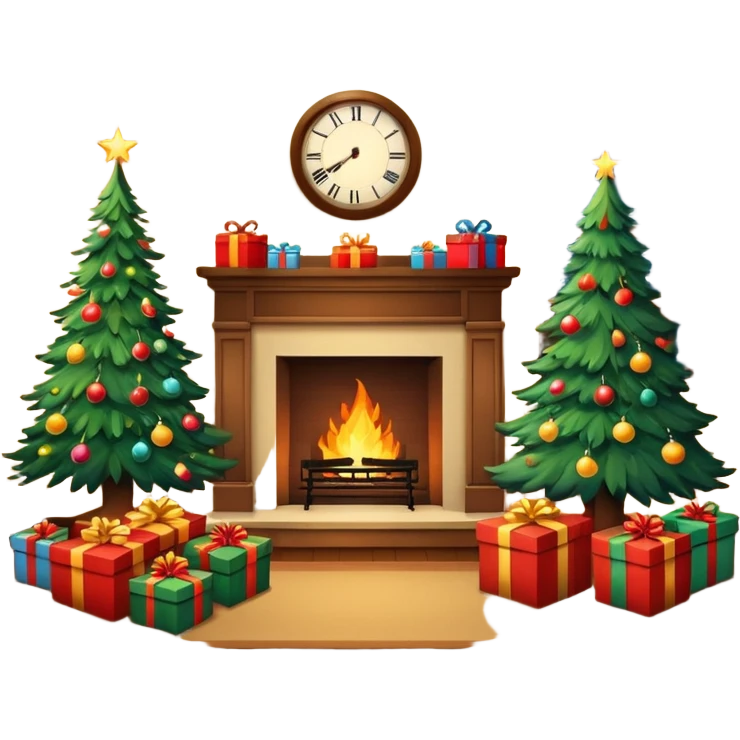 Flat illustration, livingroom with fireplace, christmas tree lit up and gifts under tree. Room is lit poorly but by the christmas tree lights, still life
 emoji