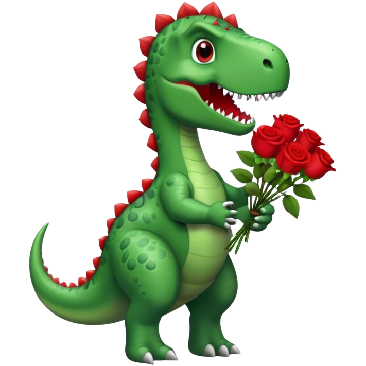 Dinosaur holding bouquet of red roses emoji