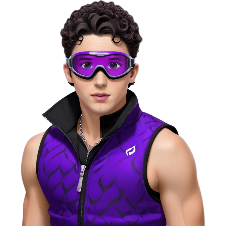 close-up of bad guy male athlete with white skin and moderately curly dark brown hair on top with shaved sides, wearing ski goggles with purple frames and very dark black lenses, a simple plain black chain necklace, and a completely unzipped sleeveless vest with purple and black sequin fire pattern design with no logo, with an extremely arrogant expression sticking his tongue out mockingly, looking menacing and villainous emoji