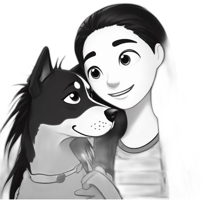 a dog and a dark-haired girl with spiky hair looking at each other in style of ((sarah andersen)), black and white emoji