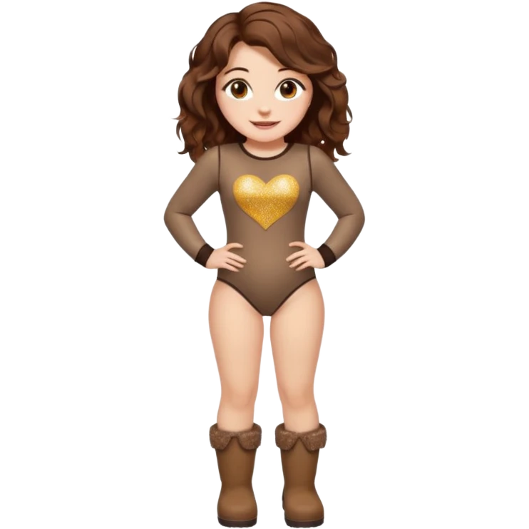 a beautiful girl with wavy volumes brown hazel hair, she has brown eyes and her face is unique, show her entire body she has big boobs and is so curvy make her wear  a body suit with uggs with a big smile and her eyes sparkly and all cute emoji