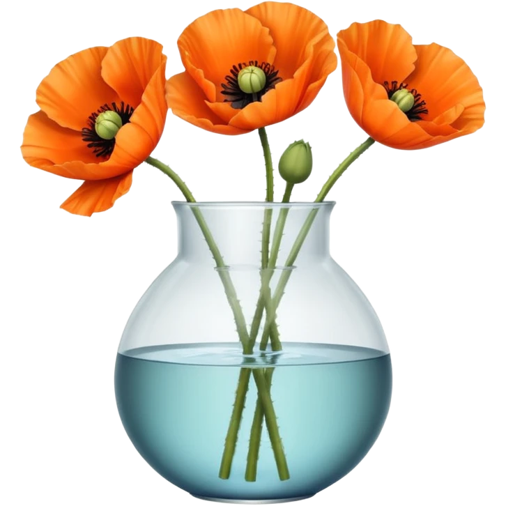 three big realistic orange poppy flowers in a clear vase with clear water emoji