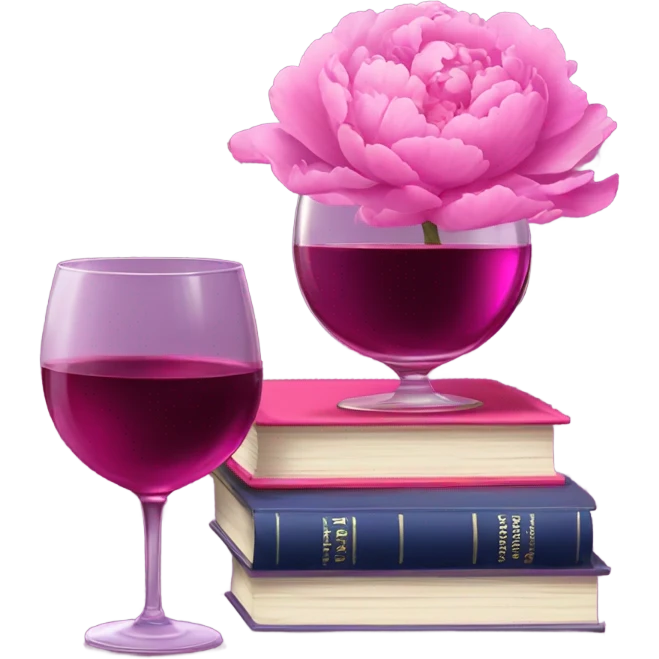 A violet  stack of books with deep pink peonies and a glass of pink wine emoji