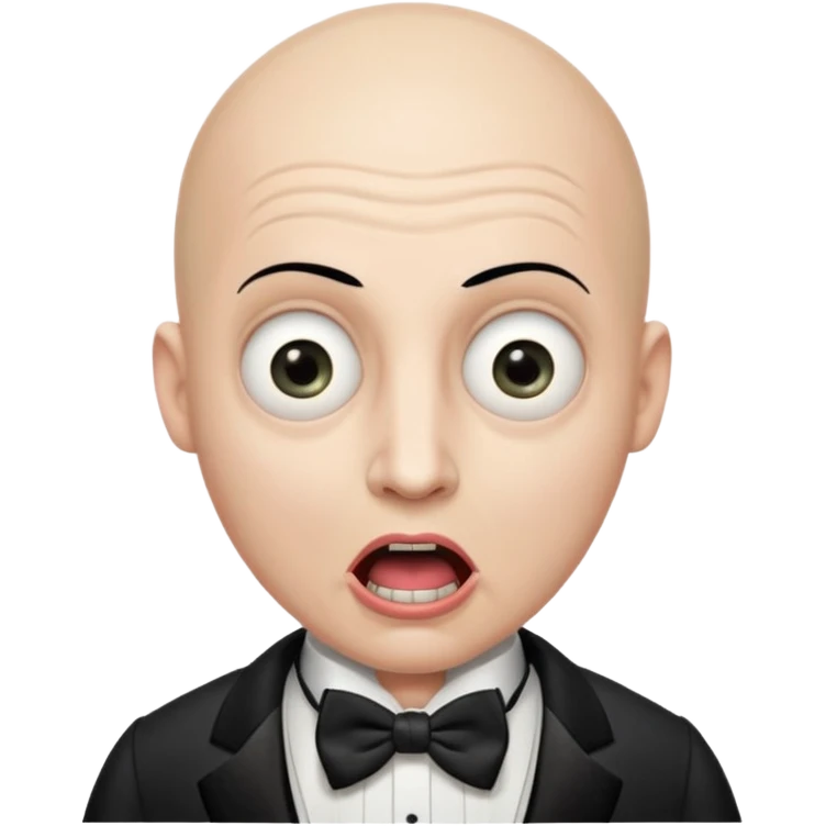 a bald cabaret actor with a white, dry, long, made-up face and heavily made-up eyes and mouth, a huge, wide-open mouth and a startled look emoji
