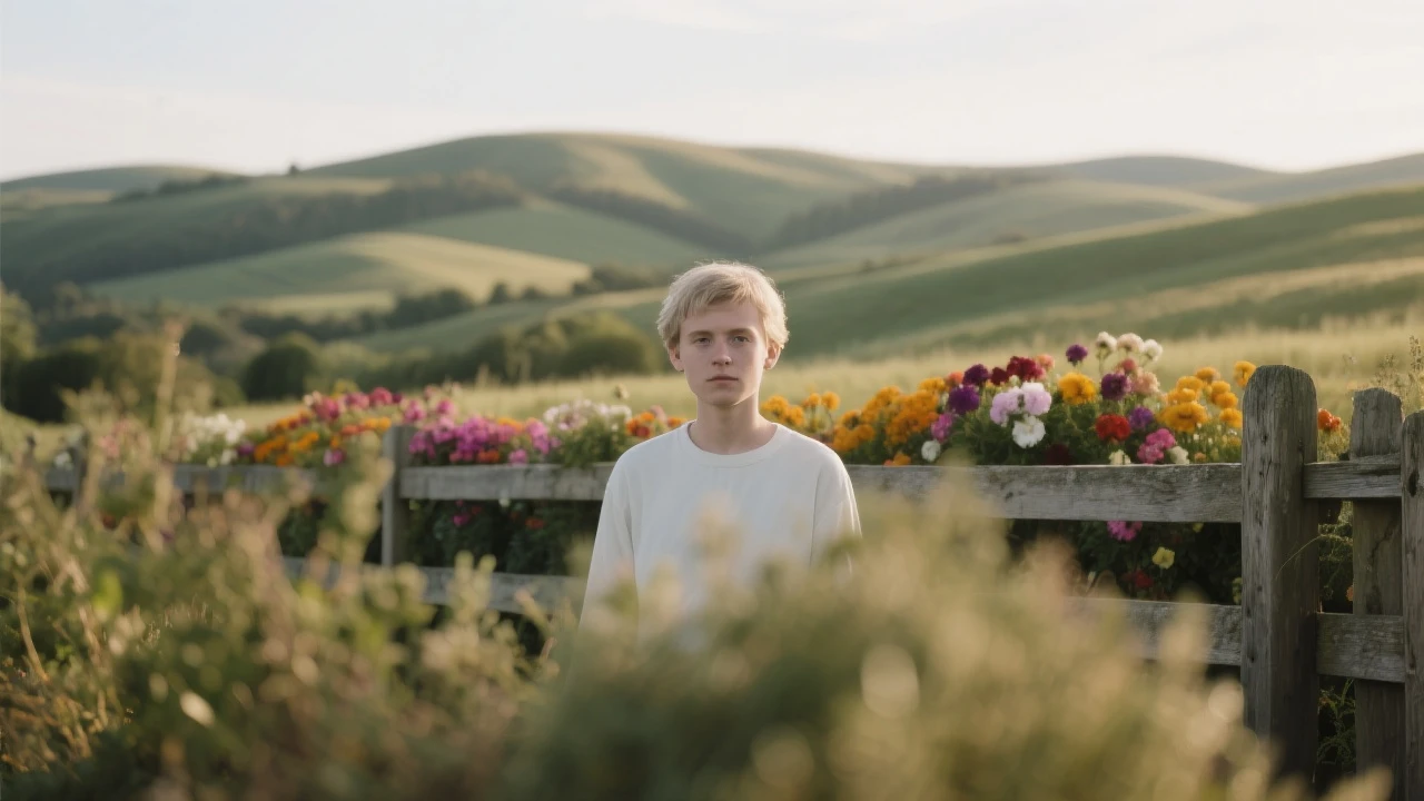A portrait of a white person in the foreground, blurred plants in the foreground, a wooden fence and colorfull flowers in the midground, rolling hills in the background, cinematic depth of field, layered composition, natural lighting emoji