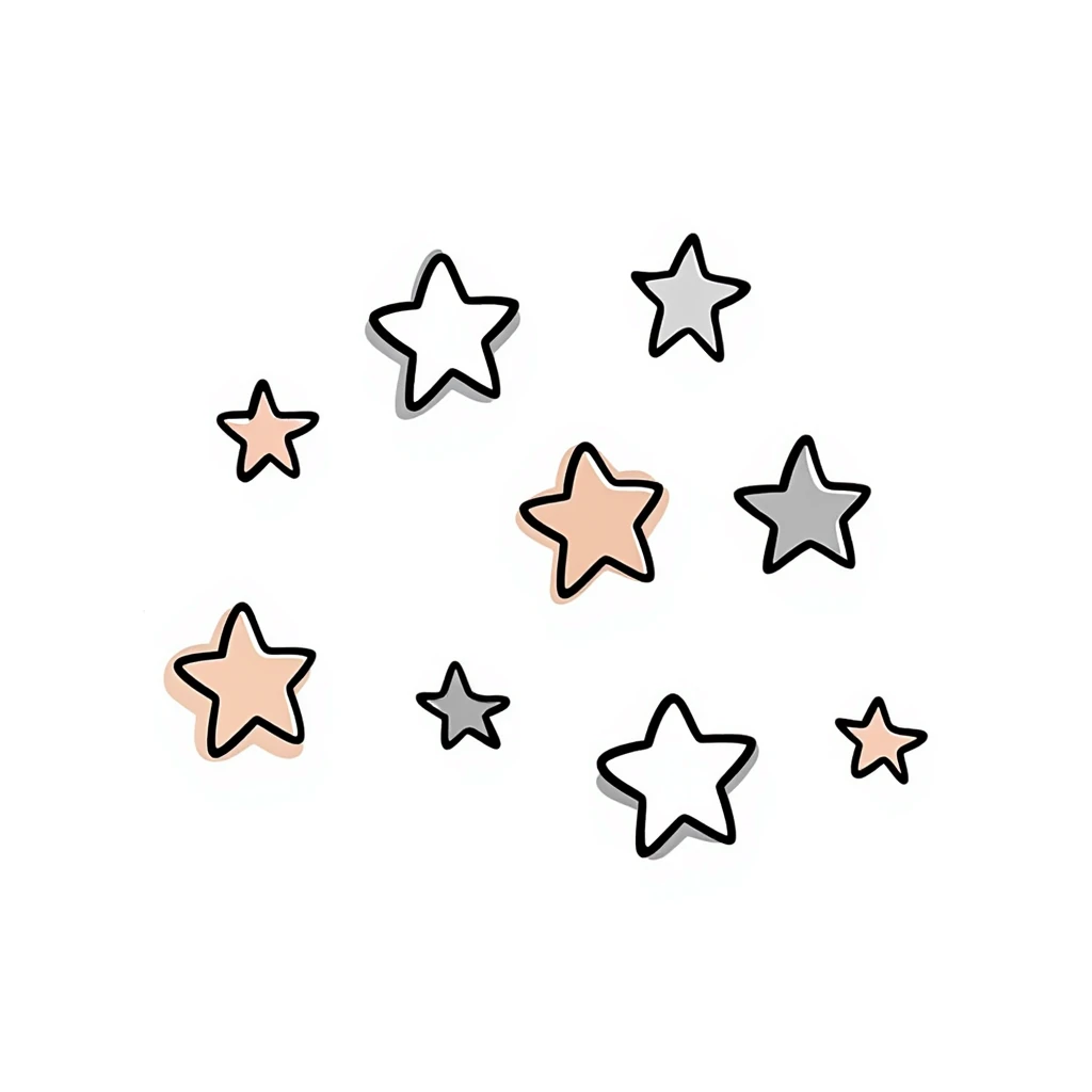 multiple stars in different sizes and shapes in pastel colors dd9fb0, ffc6d3, a3bfc9, c4bee2, f1b091, hand-drawn doodle style emoji