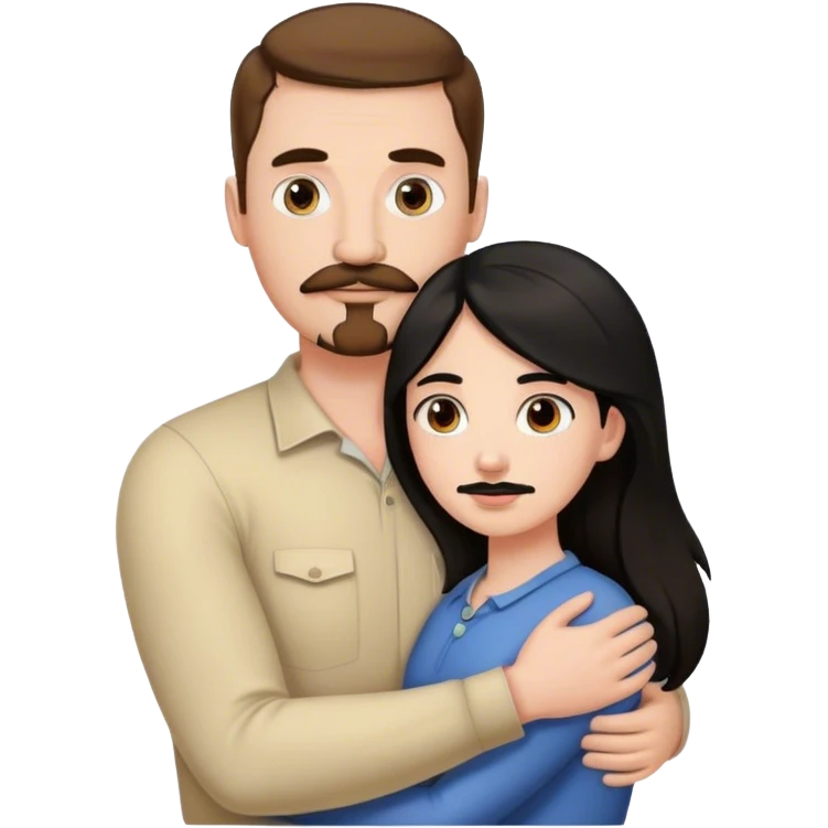 Couple, Tall strong white man with brown hair mustache and goatee, hugging small pale woman long with black hair emoji