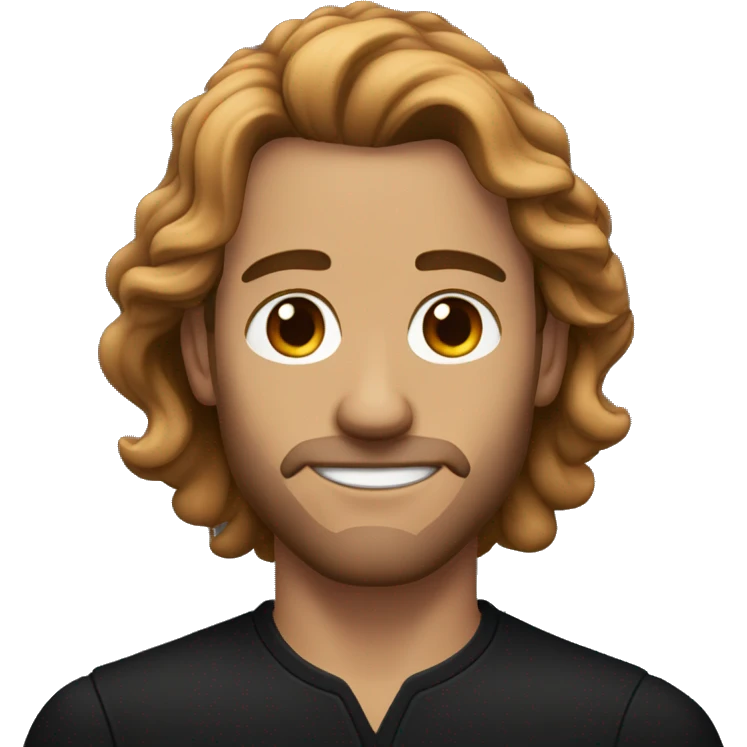 a man with auburn long wavy hair, stubble, black clothes, kohl in his eyes emoji
