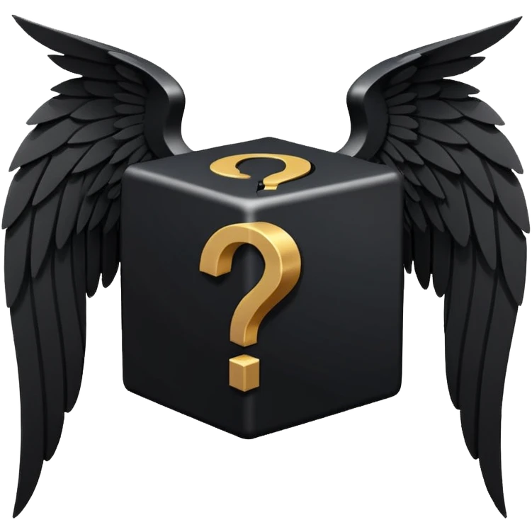 Black cube with black wings and has a white question mark emoji