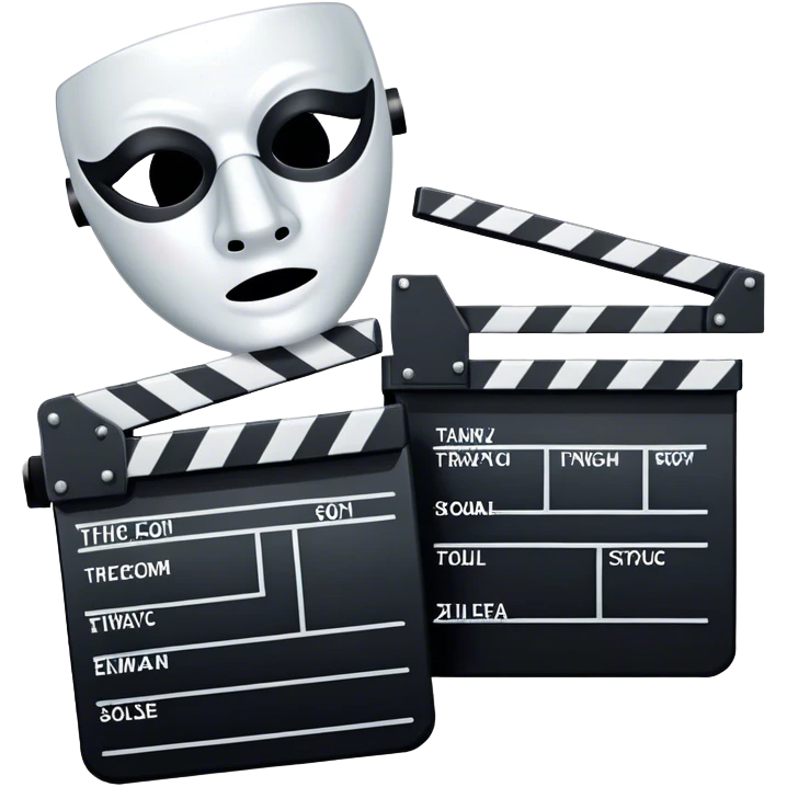 Icon for Acting in Theater and Movie: a stage with a spotlight and cinema, a film camera, a clapperboard and a dramatic mask. The design should represent both theatrical performance and cinematic art. Transparent background. emoji