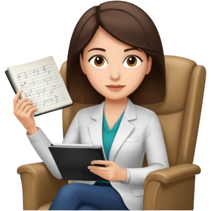 female therapist, brunette, brown eyes, light skin, sitting in a chair with notes emoji
