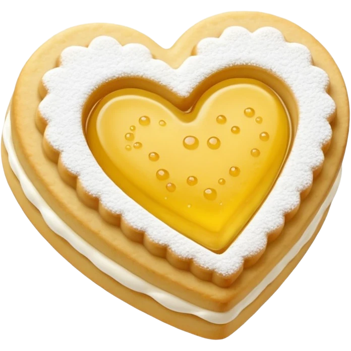 Realistic shortbread cookie in the shape of a heart with color of lemon jelly middle filling and sprinkled powder sugar on top. emoji
