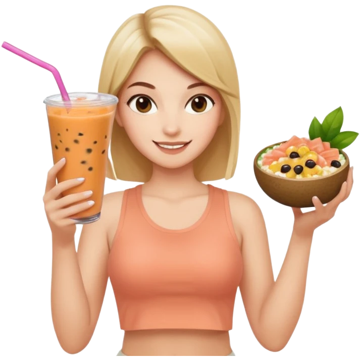 a young woman in a beige top and leggings and white sneakers with a passion fruit smoothie in one hand and a salmon poke bowl in the other hand emoji