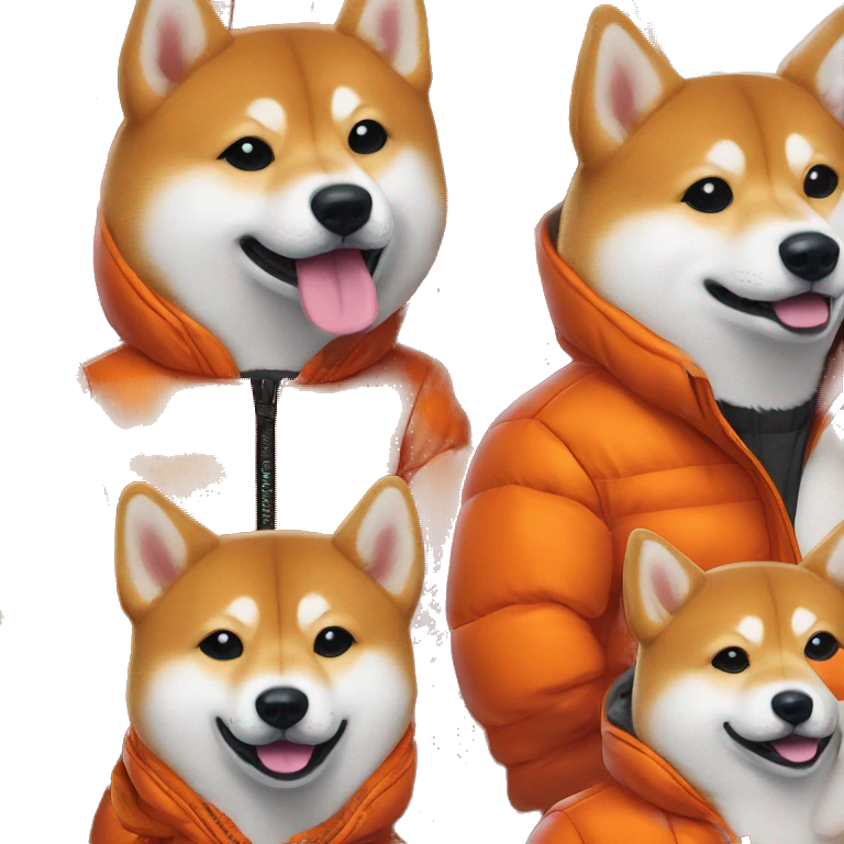 Shiba inu wearing vibrant orange puffer long sleeve jacket portrait emoji