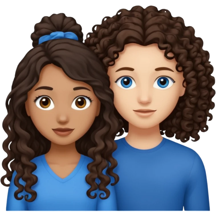 Two best friends .bestie 1: beige skin with brown long hair and blue eye. Bestie 2:mixed race skin with curly black hair and brown eye emoji