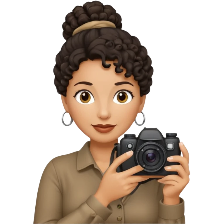 48 year old woman photographer with dark curly hair in a bun emoji