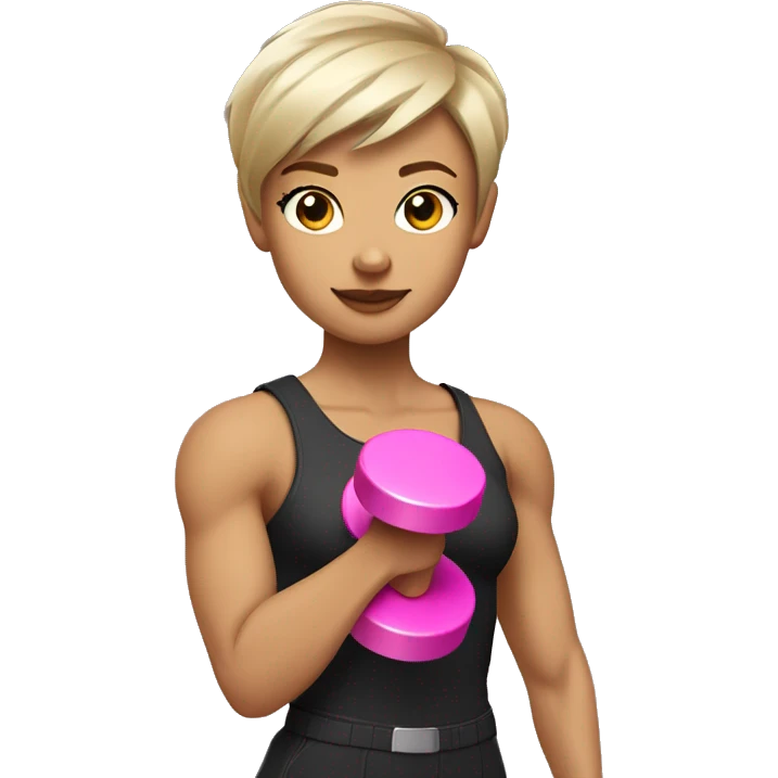 Short light brown pixie haircut Female White bicep side view holding a pink dumbbell emoji