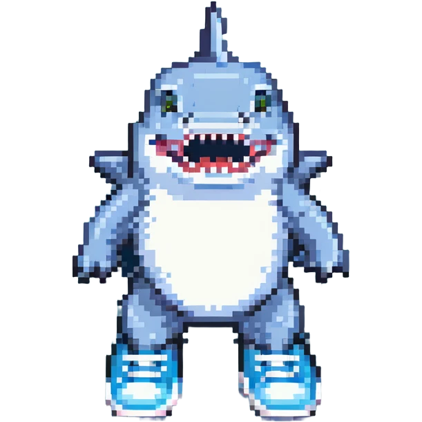 shark with light blue sneakers, pixel art style, retro 8-bit look emoji