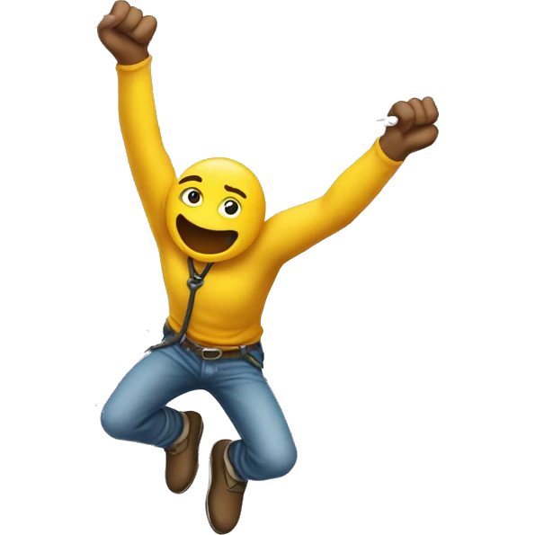 Yellow-skinned man emoji bungee jumping, arms out, rope tied to ankles. emoji