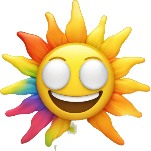 Illustrate a smiling sun with rainbow rays, rising above a vibrant beach scene." emoji
