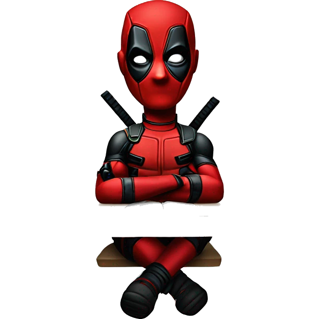 Cute Deadpool sitting at a desk, front view emoji