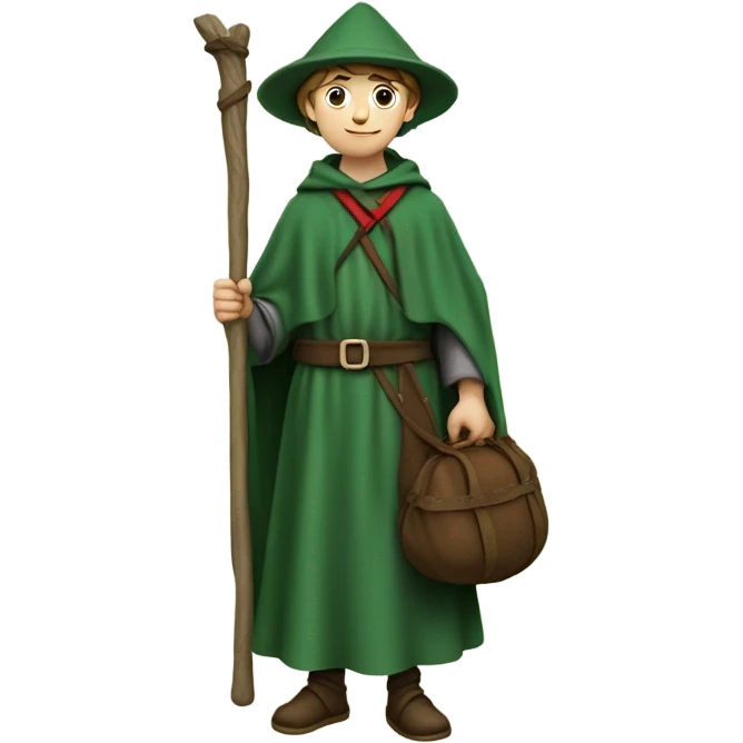 Young European pilgrim of the 13th century with staff, red stockings, green robe and hat and leather bag emoji