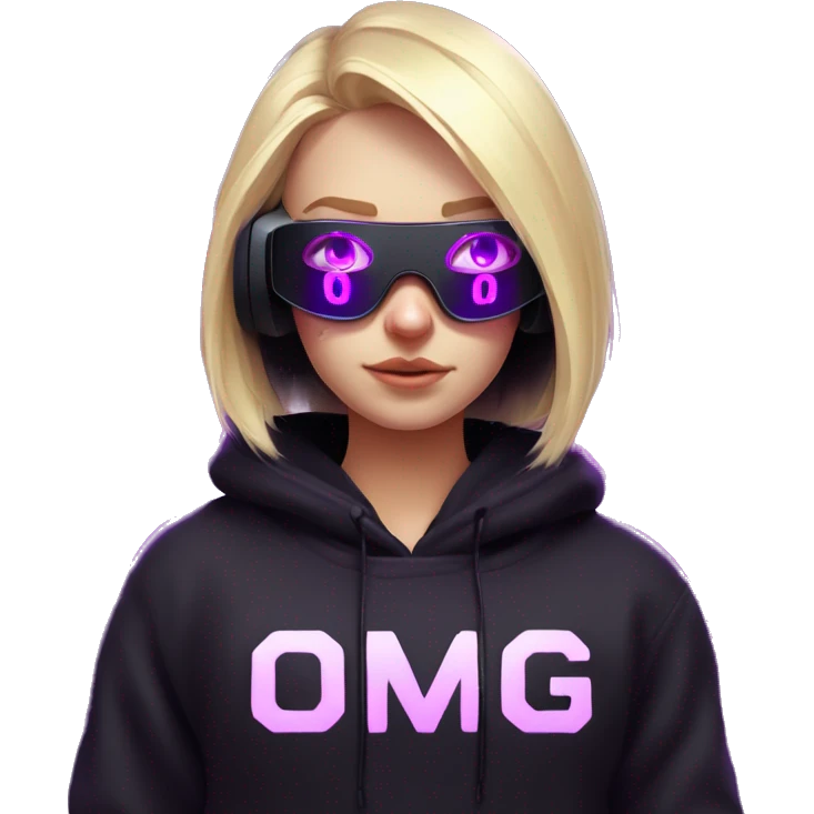 Russian cute blond student girl wearing black hoody with violet letters "OMG", in vr headset. No eyes. Cyberpunk style. Violet neon. emoji