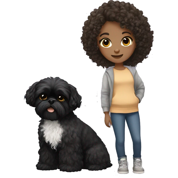 brunette curly haired girl with black shih tzu dog emoji