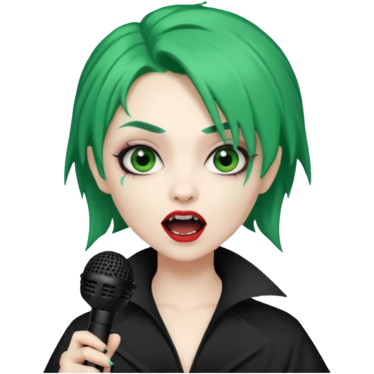 green haired, vampire makeup,holding microphone, singing emoji