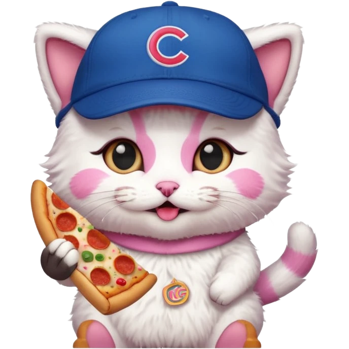 Kitty with cubs hat on with pizza emoji