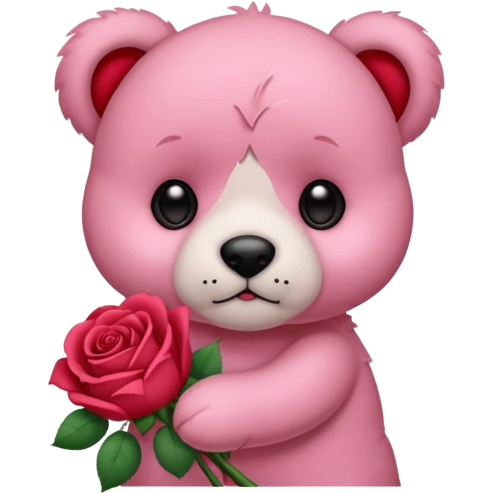 Cute pink teddy bear with sad puppy dog eyes holding roses  emoji