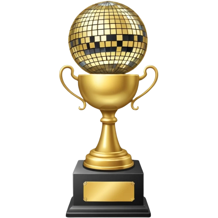 Tall Competition trophy with a silver disco ball on top that says “Dancing” in cursive  emoji