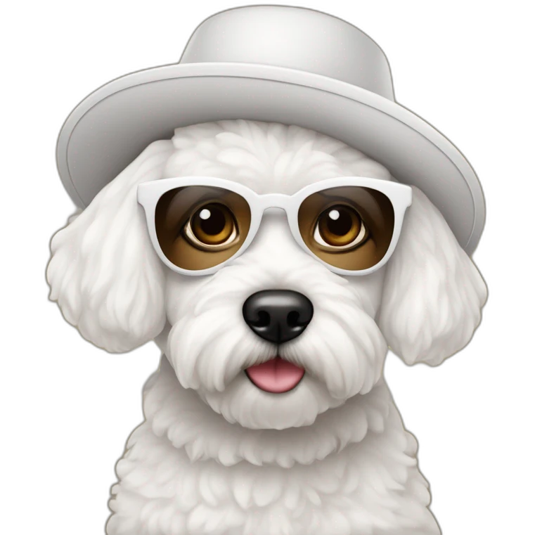 mujer piel blanca con gorro en la cabeza gafas y perro bichon maltés blanco emoji