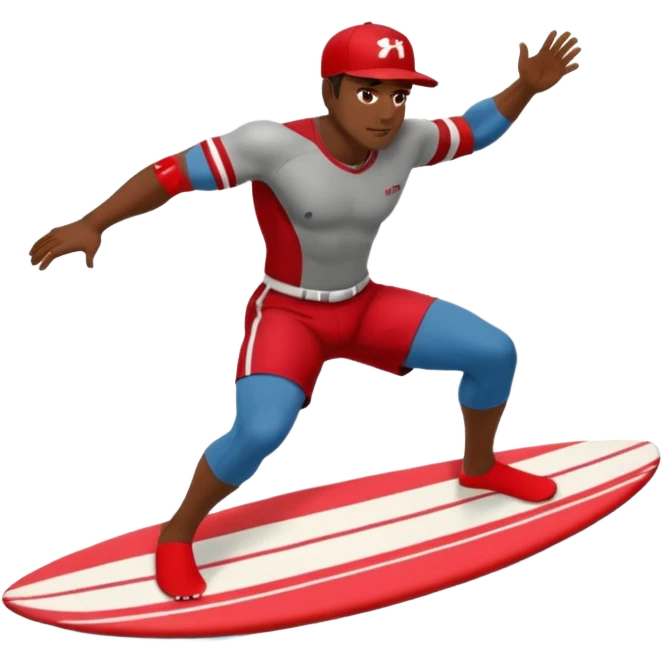 Dark, muscular man surfing wearing red shorts and a baseball cap Hawaii emoji