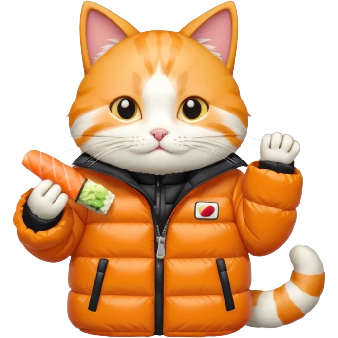 cat wearing a puffy jacket and eating sushi emoji