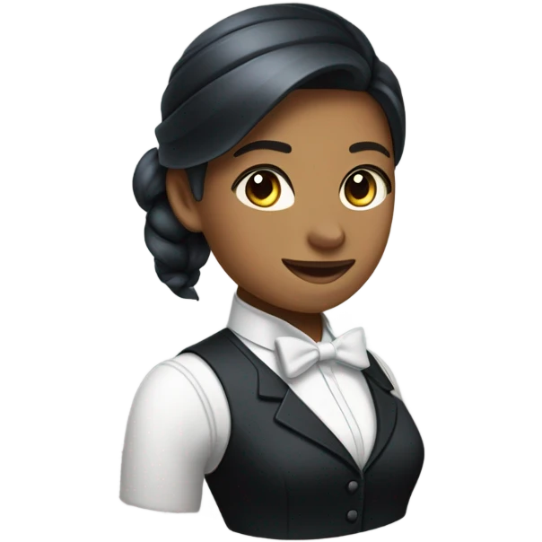 a female butler with a professional and elegant demeanor. She has her hair neatly tied in a ponytail and wears a classic butler uniform, including a tailored vest, crisp white shirt, and bow tie. emoji