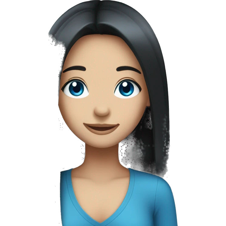 Smiling girl emoji with long black hair and blue eyes  emoji