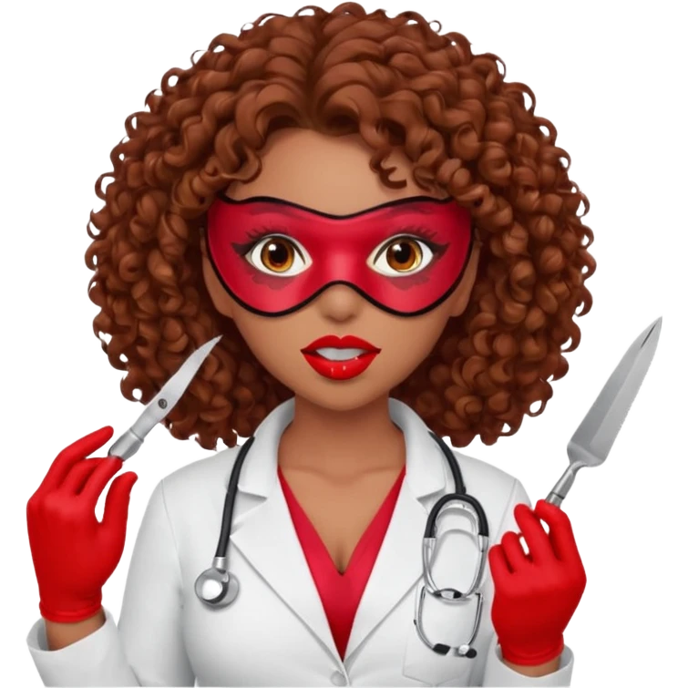 Lilith scalpel in hand, evil surgeon sexy surgeon clothes.  She has red eyes.  Hair is long. Hair is brown and curly hair. Wears sexy doctor outfit with red gloves. Covers mouth and neck mask  red emoji